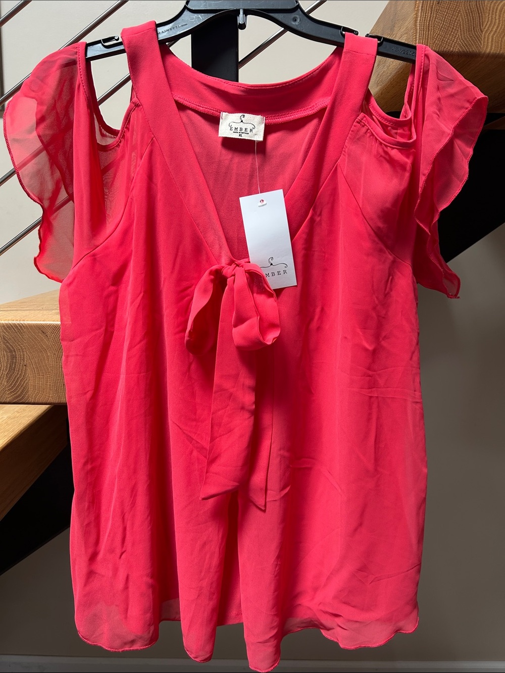 Ember Women's Coral Tie-Front Cold-Shoulder Blouse